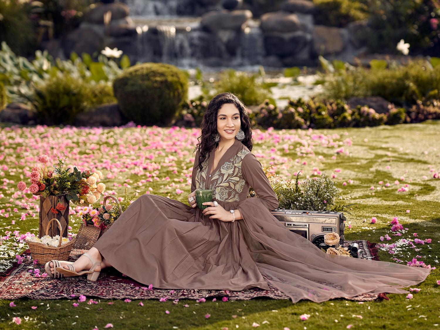 Brown Cotton Gathered Kurta Set With Dupatta & Yoke Embroidery